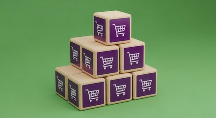 Fototapeta premium Stacked wooden blocks with shopping cart icons on purple faces arranged in a pyramid formation against a green background for business and technology concepts