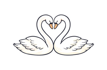 Naklejka premium Romantic swan couple forming heart shape, elegant white birds in love illustration, graceful swan pair vector for wedding and anniversary design