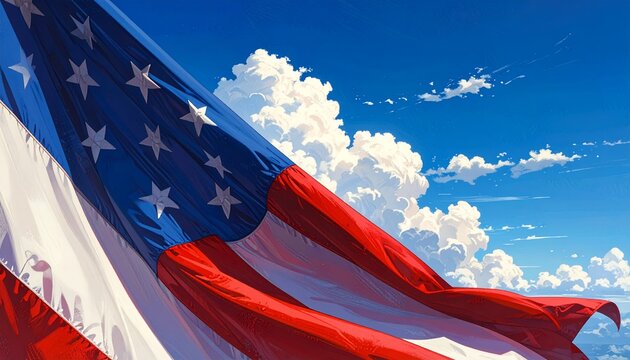 Amerykańska flaga dumnie powiewająca na tle błękitnego nieba z białymi chmurami, symbolizująca wolność, patriotyzm i narodowe dziedzictwo USA.