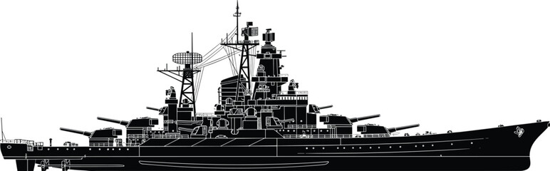 Battleship silhouette vector illustration, detailed naval warship with heavy artillery guns, military navy vessel side view, black and white maritime defense design © MstBeauti