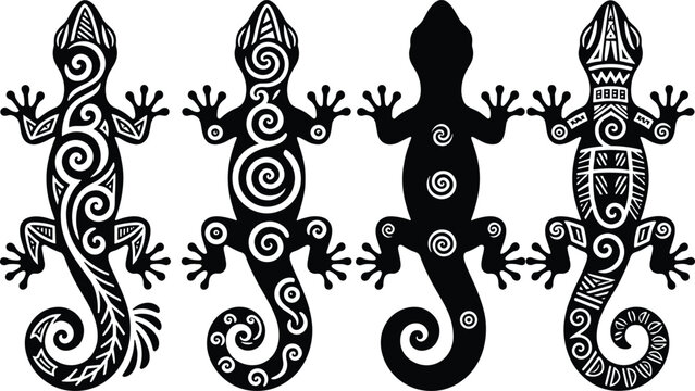 Tribal gecko lizard tattoo collection, ornamental reptile silhouettes with ethnic patterns, black decorative vector isolated on white background