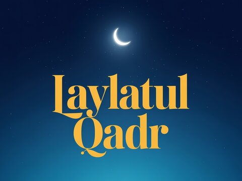Beautiful night sky with crescent moon and stars with laylatul qadr text in gold color
