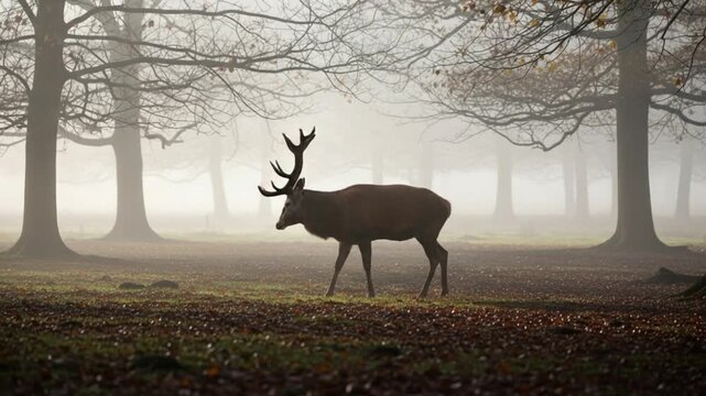 A large deer with impressive antlers stands in a misty forest clearing surrounded by trees and fallen leaves on the ground
