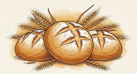 Artistic depiction of three loaves of bread with wheat stalks.