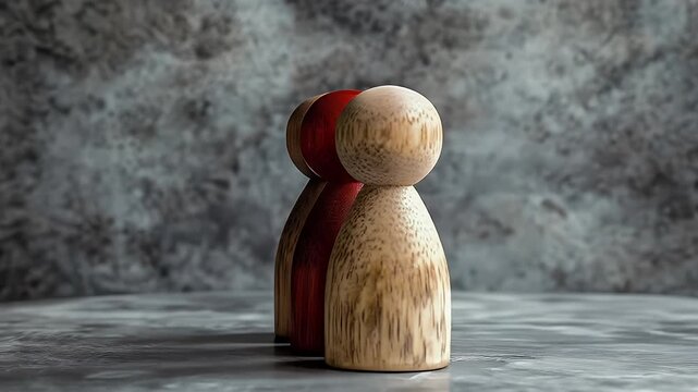 Three wooden figurines, two light brown and one red, stand on a textured surface against a blurred gray background