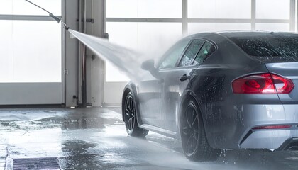 Nowoczesny srebrny samochód luksusowy poddawany profesjonalnemu myciu ciśnieniowemu w automatycznej myjni z użyciem silnego strumienia wody.