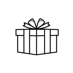 Simple black and white line art of a gift box with a bow