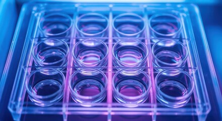 Transparent laboratory multiwell plate with purple and blue light