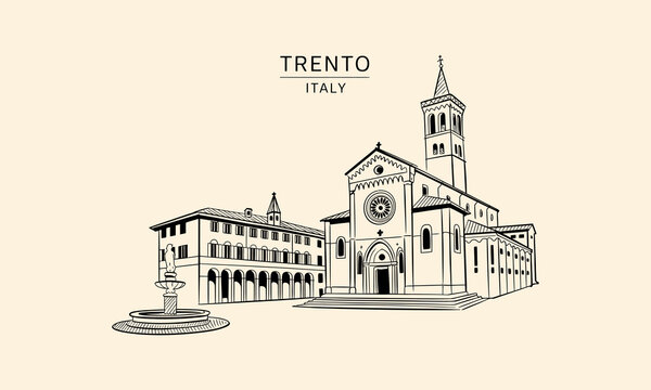 Trento Italy Cathedral and Fountain Line Drawing church architecture