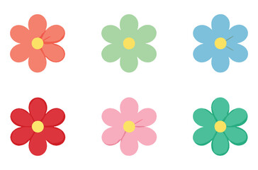 A colorful illustration of six cartoon flowers in different vibrant colors on a white background