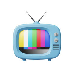 Vintage blue television with colorful test pattern on screen