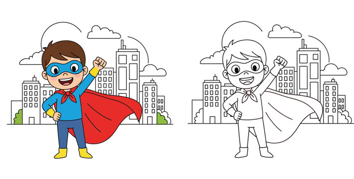 Cute cartoon superhero boy in cityscape. Colored and black and white outline version for coloring book page. Vector illustration of kid in hero costume.