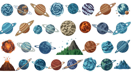 Diverse set of pixel art celestial bodies including planets with rings asteroids and distant stars for retro space games. © MS