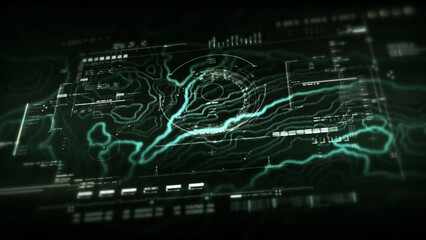 Naklejka premium Futuristic holographic topographic environment featuring dynamic geomorphological terrain visualization, integrated into an advanced motion graphic user interface with a head-up display screen