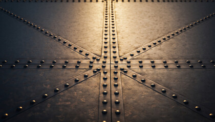 Aerial view of a metallic surface with rivets forming a star pattern, showcasing industry and technology in a detailed close-up