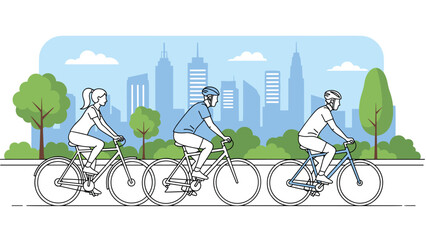 Group of active people rides bicycles along a park pathway with a modern city skyline and tall buildings in the background. © MS