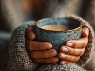 Hands Holding Coffee Mug Morning Ritual , hands wrapped around ceramic coffee mug.