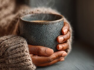 Hands Holding Coffee Mug Morning Ritual , hands wrapped around ceramic coffee mug.
