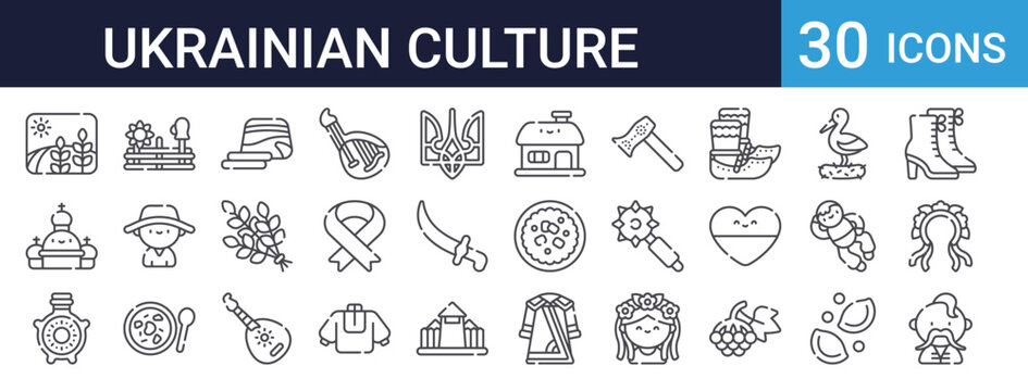Ukrainian Culture Icons Set of 30 Thin Line Vector