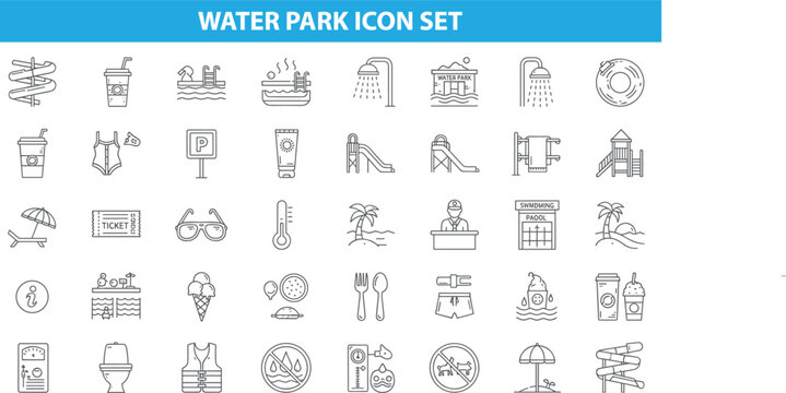 Water park icon set, swimming pool, summer vacation, slides, beach, recreation, fun activities, leisure, modern line vector illustration
