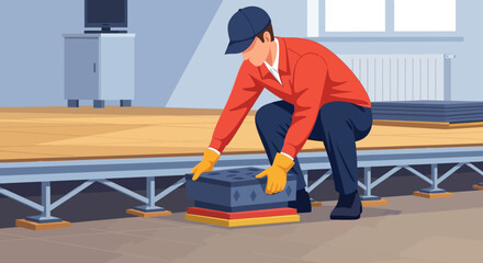 Man Installing Flooring in Industrial Setting.