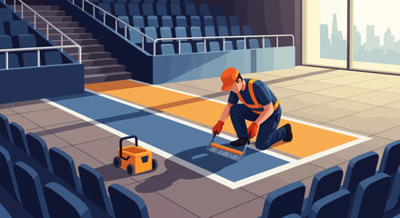 Obraz premium Worker Painting Lines on Stadium Floor.