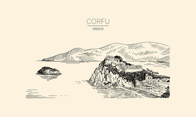 Naklejka premium Corfu Greece coastal town and fortress on a cliff sketch castle