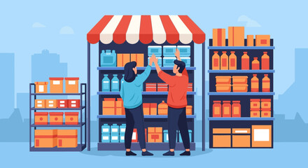 Two Men Restocking Beverage Kiosk Shelves.