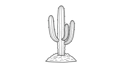 Fototapeta premium Simple black and white line art drawing of a tall saguaro cactus growing in a small mound of desert sand and rocks.