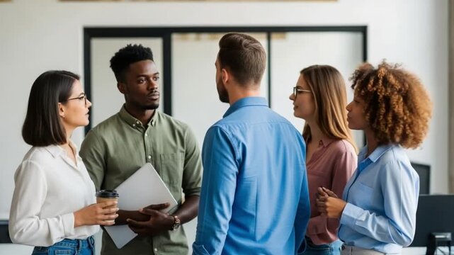 Diverse group of young adults in casual business attire having a conversation in an office setting with a white background