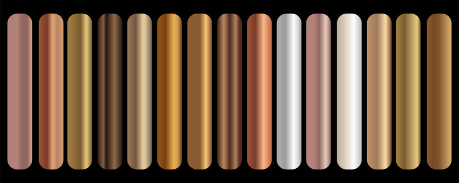 Metallic gold, bronze, silver gradient vector colorful palette and texture set. Holographic background swatch template for banner, screen, mobile,  label, tag. Metal color gradient vector design