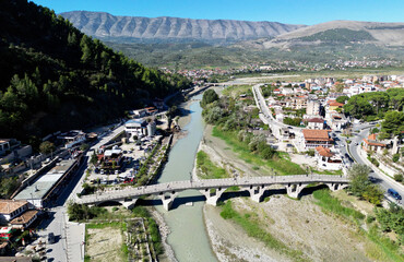 Fototapeta premium The historic Gorica Bridge in Berat, Albania, was built during the Ottoman period.