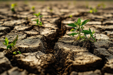 Small green plants bravely sprouting from the cracks of dry earth.
