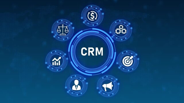 Digital infographic with central text CRM surrounded by icons representing business and customer relationship management on a world map background