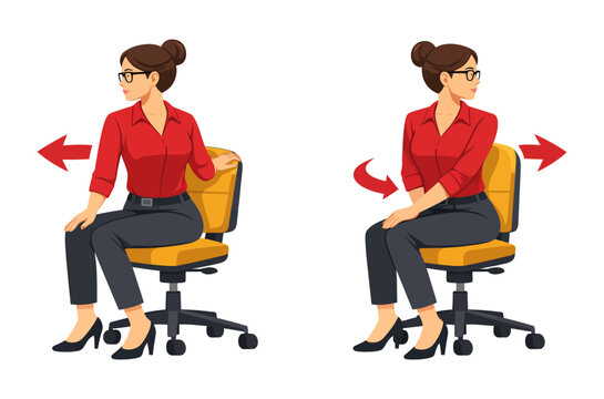Seated spinal twist stretch infographic for office workers, female character in professional attire, flat design.