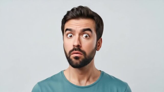 Man with surprised expression on his face looking upwards in astonishment wearing blue shirt on grey background