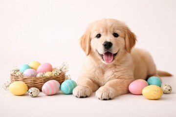 A happy golden retriever puppy lies next to a basket filled with colorful Easter eggs on a soft white background.