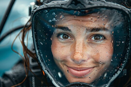 A person smiles while wearing a diving helmet underwater. Water droplets cover the helmet as sunlight filters through the surface. The scene captures a moment during marine exploration