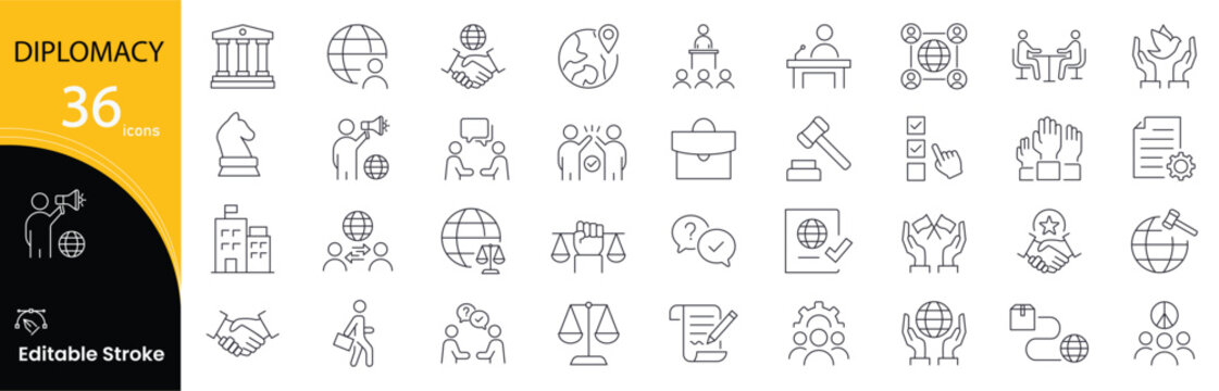 Diplomacy icon set. International relations and negotiation related line icons. handshake, treaty, peace, negotiation, alliance, communication, agreement, ambassador, flag, cooperation and more.