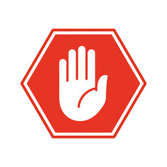 Obraz premium Red octagonal sign with a white hand palm facing outward warning symbol