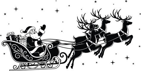 Santa Claus sleigh and reindeer silhouette vector illustration, Christmas holiday night scene with stars and gifts, festive black and white seasonal design © MstSalema