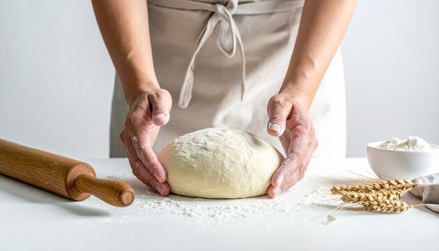 Hands Forming Dough on White Surface Preparation for Baking Fresh Bread at Home Concept of Domestic Life and Kitchen.