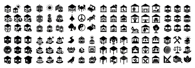 Fototapeta premium Repeated small glyph icons of houses and symbols on white strip