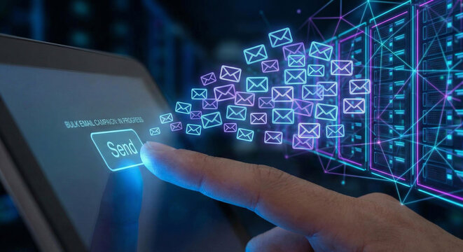 Finger pressing send button on tablet showing bulk email campaign in progress sending many envelopes