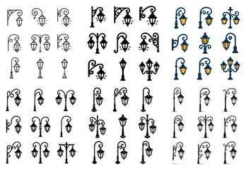 Obraz premium Street lamp and lantern icons arranged in grid on white