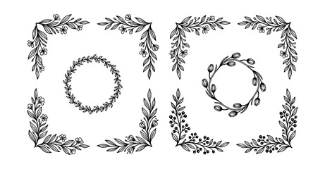 Fototapeta premium Black ink botanical corner flourishes illustrations set.