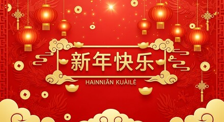 Naklejka premium Happy New Year Chinese Greeting with Red Lanterns and Gold Clouds.