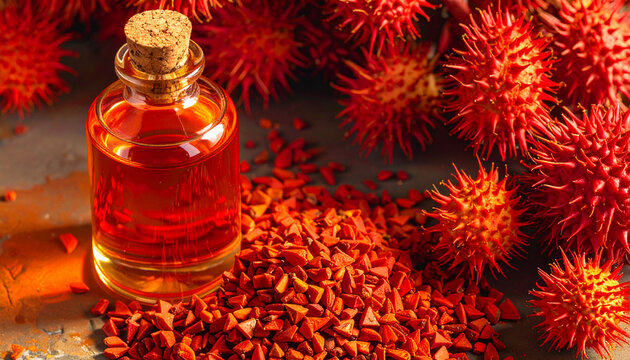 Bottled red orange oil with annatto seeds scattered on a surface, showcasing natural dye from tropical plants