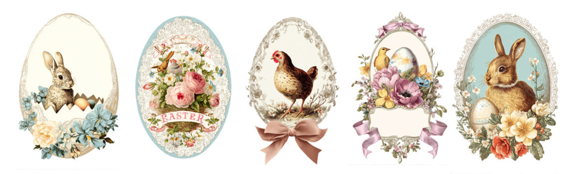 Collection set of vintage Easter stickers, victorian illustrations, Easter labels isolated on white or transparent background, png cut out