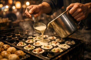 Fototapeta premium Authentic Japanese Street Food Vendor Pouring Takoyaki Batter at Night Market Stall